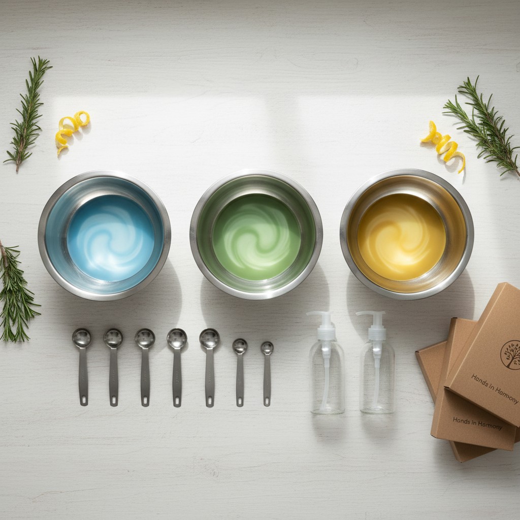 Ingredients are arranged in gray bowls with bright blue, light green, and light yellow swirls inside on a white-counter to...