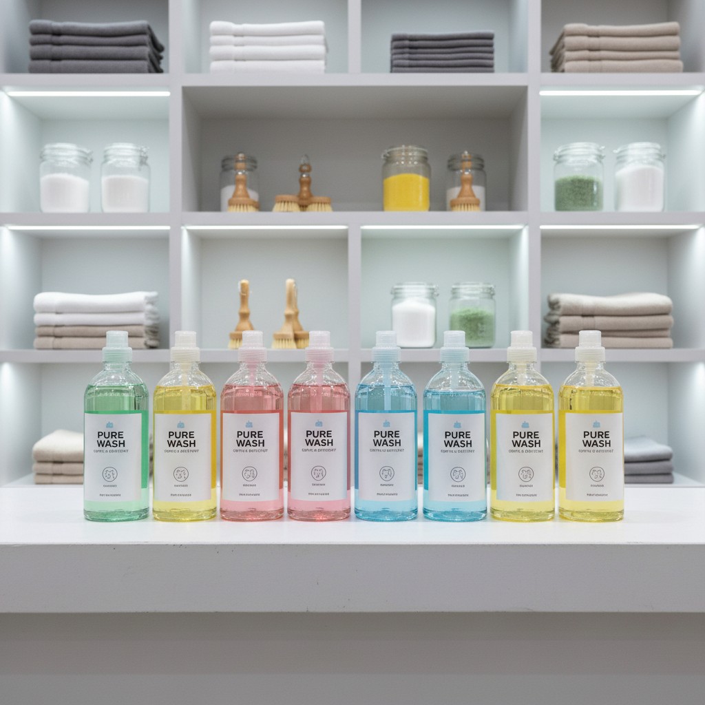 A collection of Pure Wash bottles on a shelf with various shelves behind it. Some shelves include various cleaning supplie...
